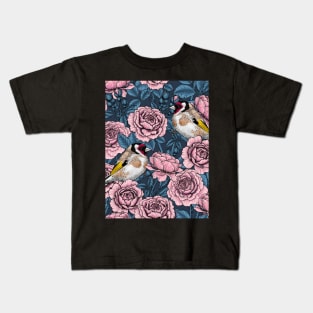 Pink Rose flowers and goldfinch birds Kids T-Shirt